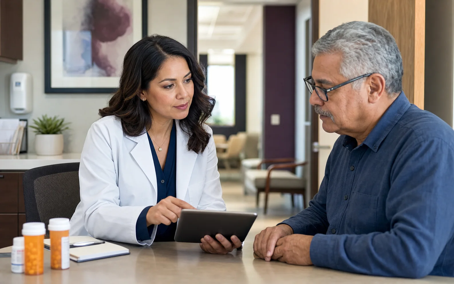US ambulatory care pharmacist reviewing a patient care plan in an outpatient clinic