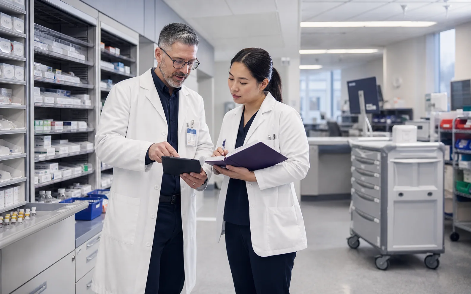 Pharmacists reviewing an inpatient medication workflow in a modern US hospital pharmacy
