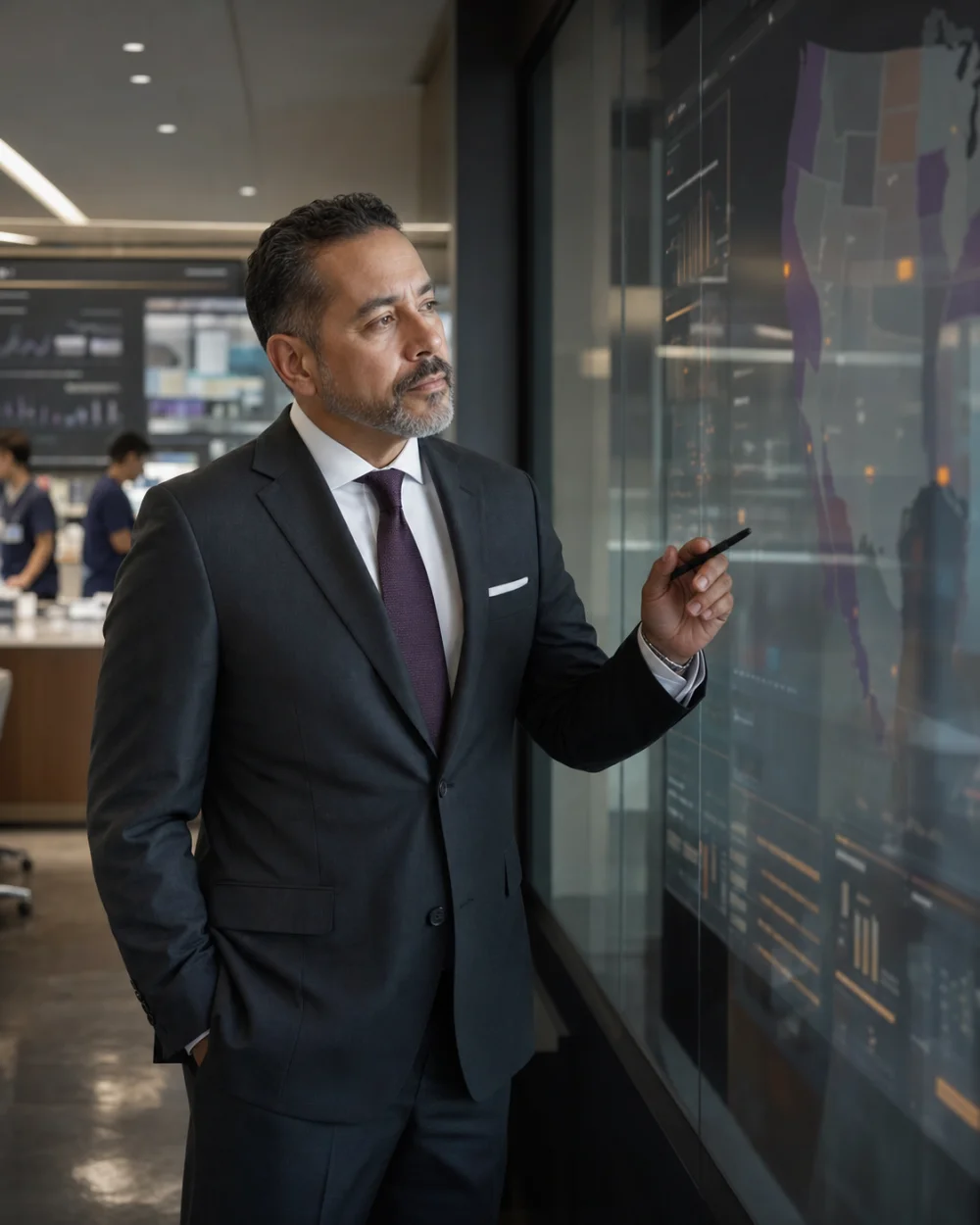 US Director of Pharmacy reviewing a health-system operations display