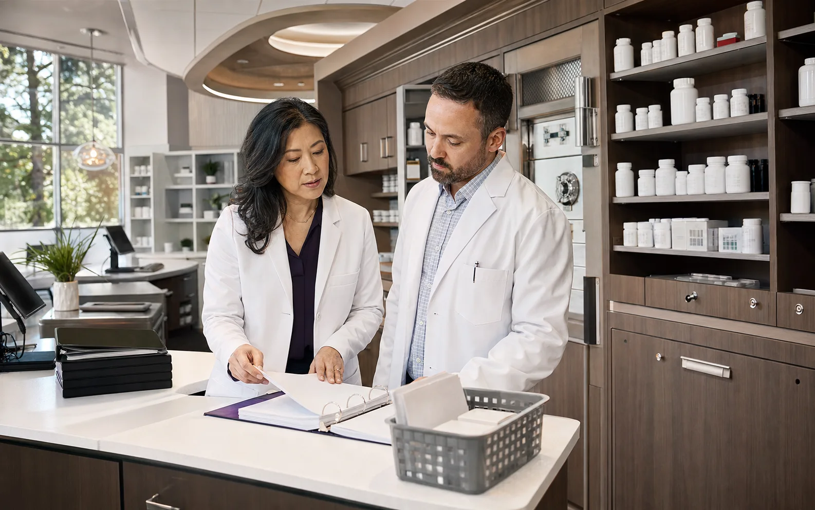 US pharmacist-in-charge reviewing pharmacy compliance records and operating controls