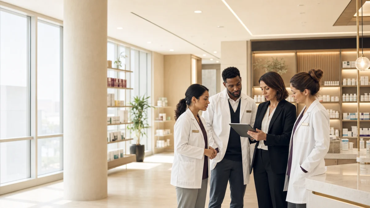 US pharmacy professionals discussing workforce requirements with an advisor